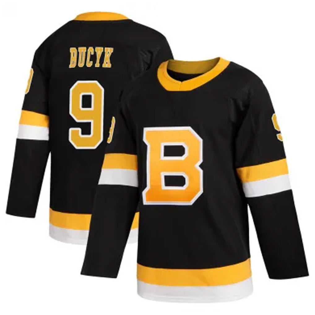 B.Bruins #9 Johnny Bucyk Player Fanatics Black Premier Breakaway Hockey Jerseys